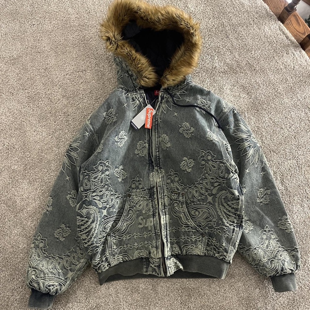 Supreme Gray Patterned Bomber Jacket With Fur Hood - image 1